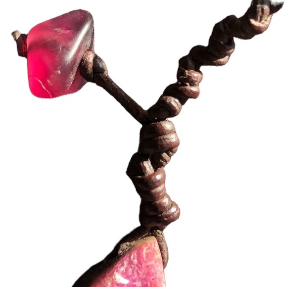 Pink Druzy Natural Raw Ruby and Rhodochrosite Leather Necklace - Picture 6 of 15